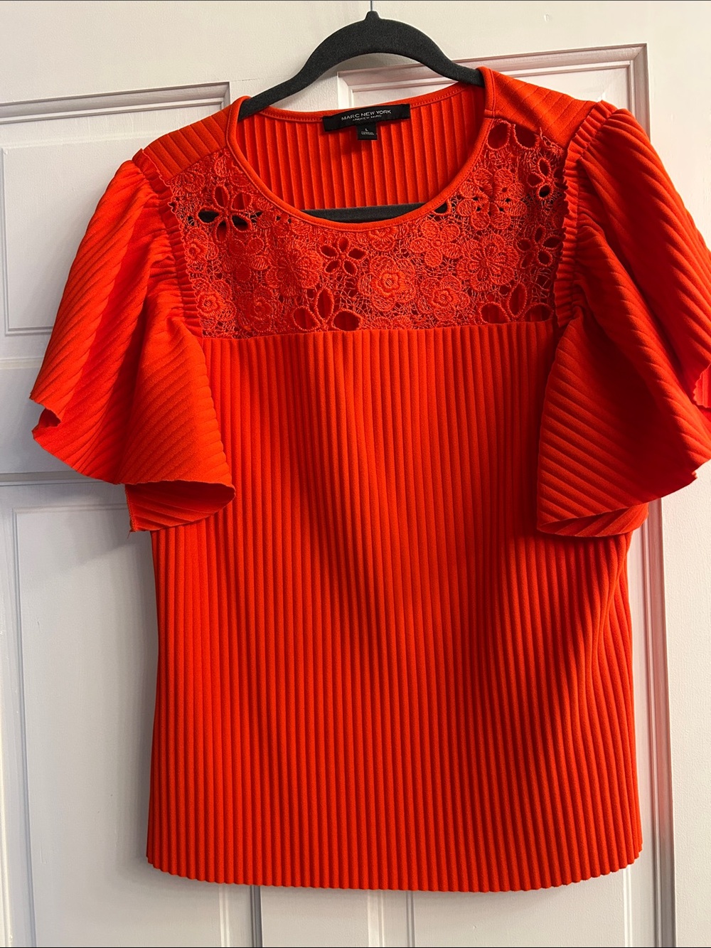 Marc New York Bright Red Pleated Top with Floral Lace Yoke and Flutter Sleeves